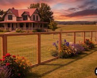 Premade hog wire fence panels surrounding property with sun setting in the background. 