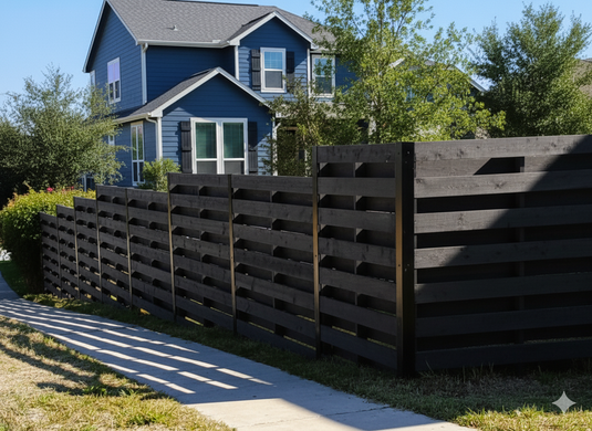 Wood fencing installed along side of older home.