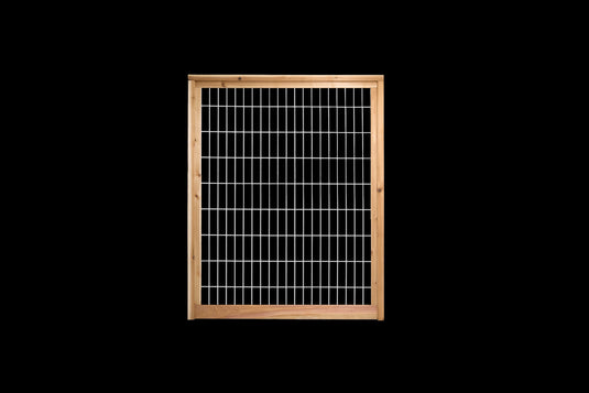The ever versatile hog mesh panel in silver framed in  premium lumber by BarrierBoss USA.