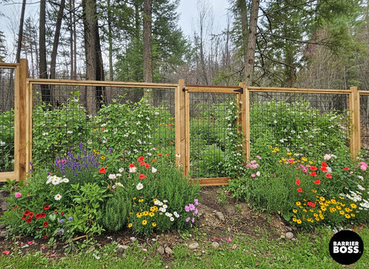 A Trendy Hog Wire Gate is Surrounded by Lush Wildflowers and Foliage.