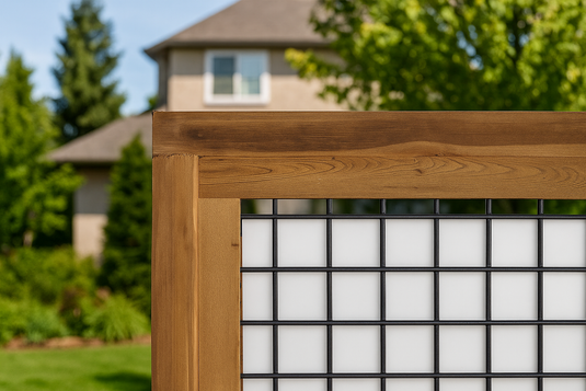 Close view of black hog wire mesh framed in a honey-brown premium lumber.