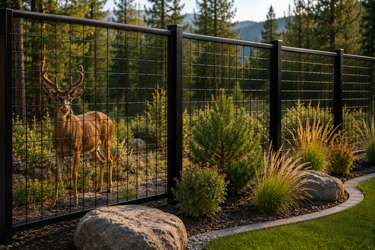 BarrierBoss black 6-gauge hog wire fence with black steel posts protecting a landscaped rural property, while a deer stands safely on the opposite side of the fence at the edge of a forest, demonstrating wildlife-friendly property protection.