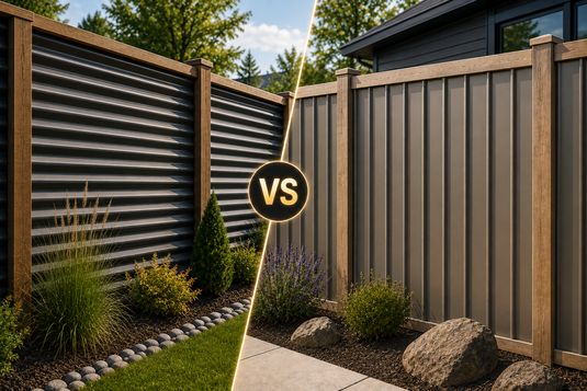 Side-by-side comparison of BarrierBoss corrugated metal privacy fencing and deep-groove ribbed metal fencing, showing the rounded corrugated profile beside the modern vertical deep-groove design.
