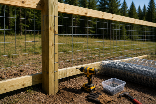 BarrierBoss galvanized-after-welding hog wire fence panel secured to pressure-treated wood posts and rails during installation, with fencing tools and hardware laid out beside the project on a sunny day.