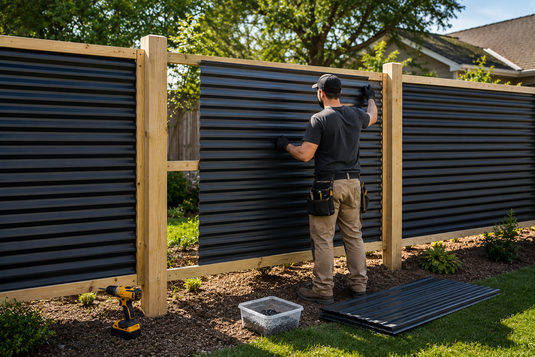 Contractor installing a BarrierBoss black corrugated metal privacy fence panel within a pressure-treated wood frame, using a cordless drill and hardware in a landscaped residential backyard.