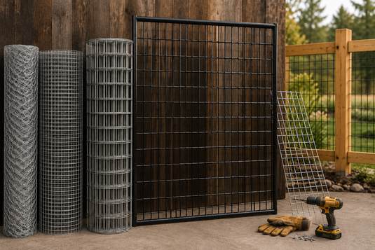 Comparison of common wire mesh products beside a premium BarrierBoss 6-gauge galvanized-after-welding hog wire fence panel, illustrating the difference between lightweight wire rolls and heavy-duty welded panels for long-lasting fencing.