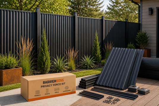 BarrierBoss black frame metal privacy fence kit with corrugated steel infill panels, matching steel posts, rails, hardware, and post caps displayed before a fully installed modern privacy fence in a landscaped backyard.