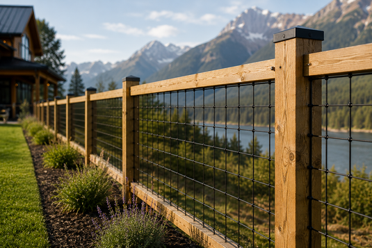 Premium black hog wire fence with natural wood framing overlooking a mountain lake and modern cabin.