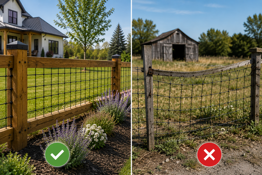 Premium black hog wire fence with wood framing compared to a worn, sagging wire fence on a rural property.