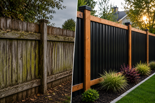 Weathered wood privacy fence beside a modern black corrugated metal fence with natural wood posts in a landscaped backyard.