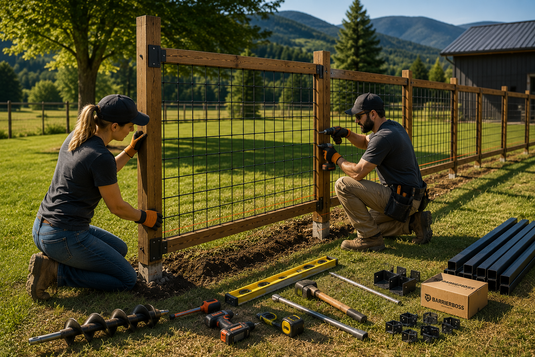 Two people installing a BarrierBoss black hog wire fence with natural cedar frames on a modern rural property using professional fencing tools.