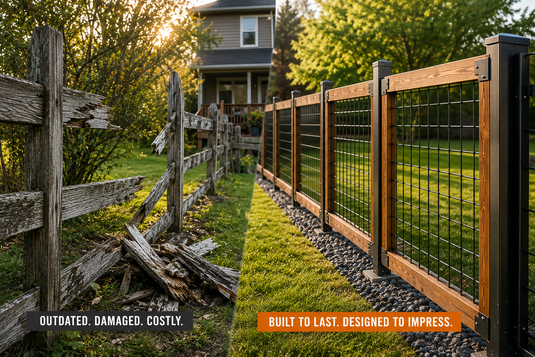 Weathered wood fence being replaced with a premium BarrierBoss black hog wire fence featuring natural cedar frames and black steel posts.