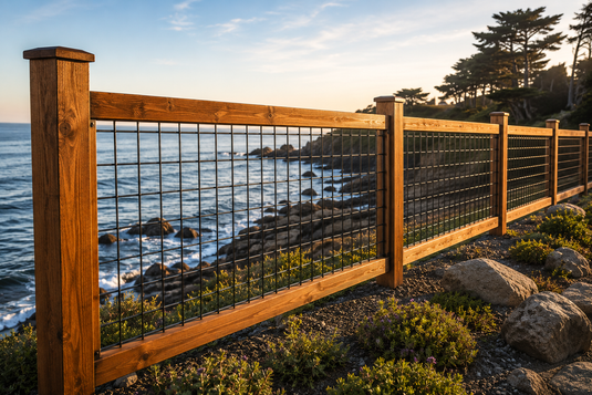 BarrierBoss CoastalSafe 316 stainless steel wire fence panels with natural cedar posts and rails overlooking a rugged ocean shoreline at sunset.