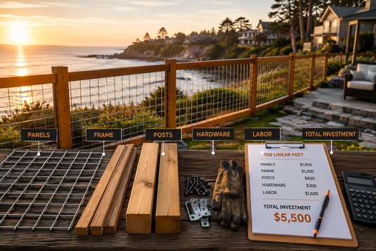 BarrierBoss black 6-gauge hog wire fence with a natural cedar frame overlooking a coastal property, with fencing materials laid out to represent the cost of building a premium hog wire fence.