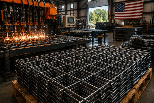 BarrierBoss 6-gauge hog wire fence panels being welded and stacked inside a modern American manufacturing facility, showcasing the production process behind premium galvanized-after-welding fence panels.