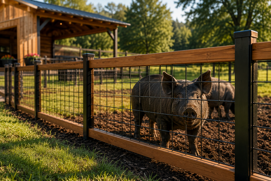 Heavy-duty black hog wire fence securely containing pigs on a modern farm.