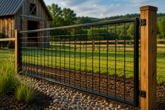 Premium black hog wire fence panel installed with wood posts in a modern rural landscape.