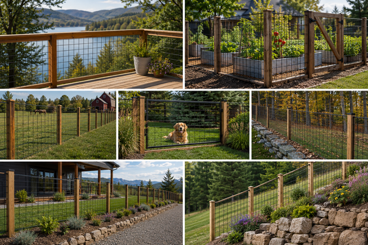 Collage of premium black hog wire fence installations for decks, gardens, property lines, and landscaped residential yards.