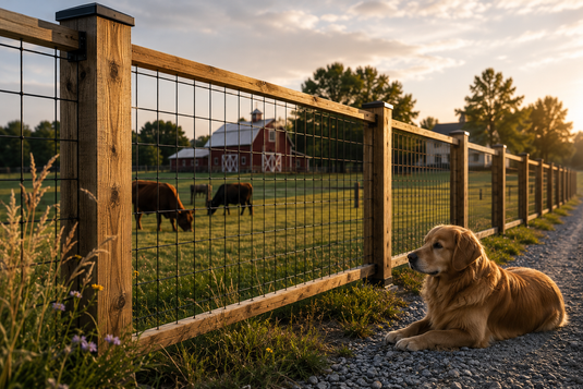 Premium black hog wire fence with wood framing surrounding a rural property at sunset.