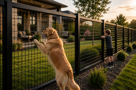 BarrierBoss-style 6-gauge hog wire fence with black steel framing resisting pressure from a large dog and child, showcasing the durability, rigidity, and long-term performance of premium welded wire fencing.