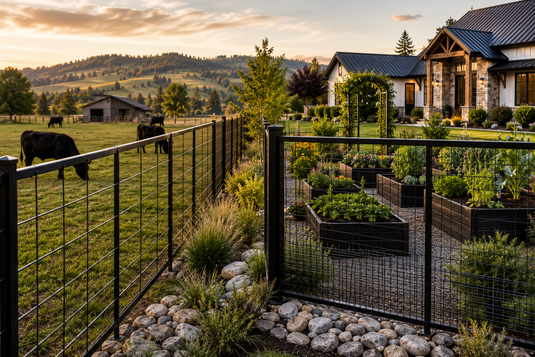 Comparison of black cattle panels with uniform mesh openings and black hog wire panels with tighter lower mesh, showing agricultural and residential applications of premium 6-gauge fencing systems.