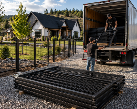 Factory-direct delivery of premium 6-gauge black steel-framed hog wire fence panels at a residential property, illustrating the purchasing and delivery process for high-quality hog wire fencing.