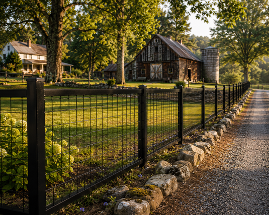 Well-maintained black hog wire fence surrounding a mature farm property with established trees and historic outbuildings, illustrating how premium fencing can remain straight, strong, and attractive for decades.