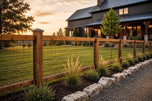 Wood-framed hog wire fence with black welded wire mesh surrounding a modern farmhouse property at sunset.