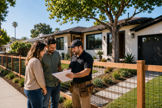 Orange, California homeowners meeting with a fencing contractor next to a BarrierBoss cedar-framed black hog wire fence, representing project planning, installation costs, contractor quotes, and residential fencing decisions.