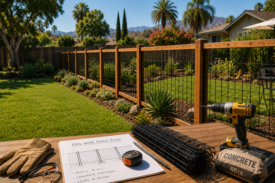 BarrierBoss cedar-framed black hog wire fence being installed in Pomona, California, with fence plans, tools, and materials prepared for a DIY residential fencing project in the San Gabriel Valley.