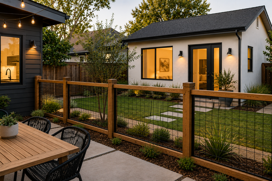 BarrierBoss cedar-framed black hog wire fence creating a light-filled separation between a primary residence and backyard ADU in Sunnyvale, California, providing privacy, airflow, property definition, and a modern Silicon Valley aesthetic.