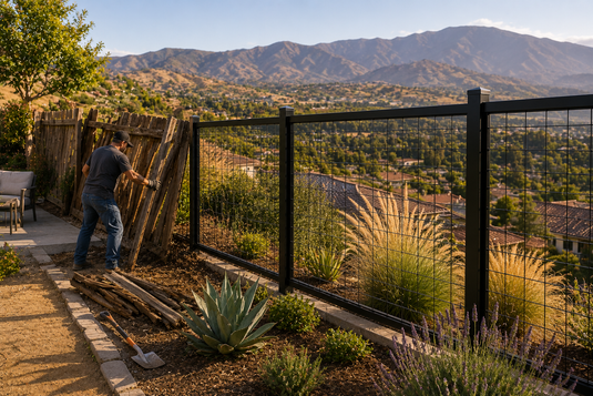 BarrierBoss black steel-framed hog wire fence replacing an old wood fence on a Corona hillside property, showcasing durability, wind resistance, open views, and low-maintenance fencing for Inland Empire homeowners.