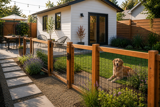 BarrierBoss cedar-framed hog wire fence separating a backyard ADU from the main home in Santa Clara, providing privacy, pet containment, and clear property boundaries without blocking sunlight or views.