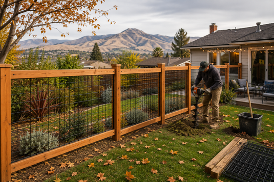 BarrierBoss cedar-framed black hog wire fence installation in Concord, California, highlighting ideal fall and winter building conditions before summer heat hardens the region's clay soil.