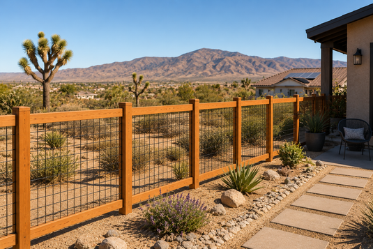 Hog wire fence holds up in Victorville's high desert where wood warps and vinyl cracks. Real 2026 costs, verified permit rules, caliche soil tips, and all five finish options for Victor Valley properties.