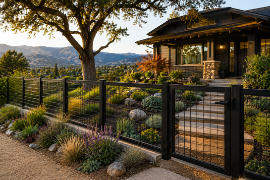 BarrierBoss all-steel black hog wire fence on a Pasadena hillside property, creating a non-combustible boundary with defensible space, open views, and wildfire-conscious landscaping in a WUI zone.