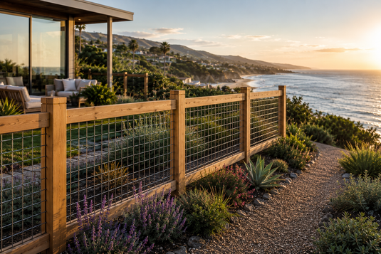 BarrierBoss CoastalSafe marine-grade stainless steel wire fence framed in western red cedar on a Malibu bluff-top home, providing corrosion resistance, view preservation, wildfire-conscious design, and long-term durability in a coastal environment.