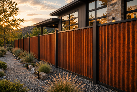 Corrugated corten steel privacy fence panels featuring a natural weathered patina on a modern residential property.
