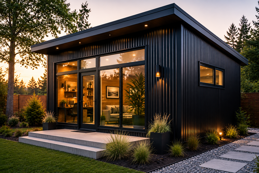 Modern building featuring black corrugated metal siding and clean contemporary design.