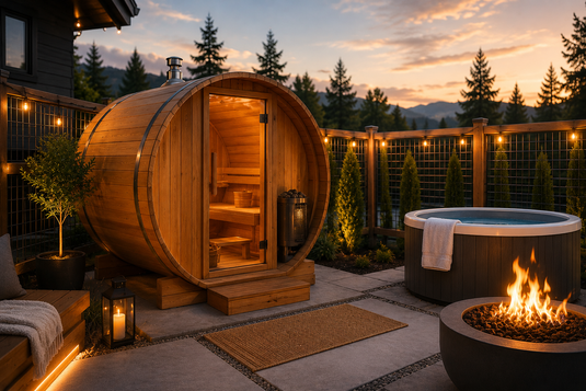 Backyard barrel sauna with a privacy fence creating a relaxing outdoor retreat at sunset.