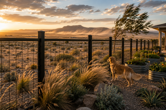 BarrierBoss black steel-framed hog wire fence on a Lancaster, California property, providing wind-resistant perimeter security, garden protection, pet containment, and unobstructed views across the Antelope Valley landscape.