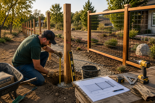 BarrierBoss cedar-framed black hog wire fence being installed with proper post spacing, post depth measurement, concrete footings, and alignment checks to ensure a long-lasting fence installation.