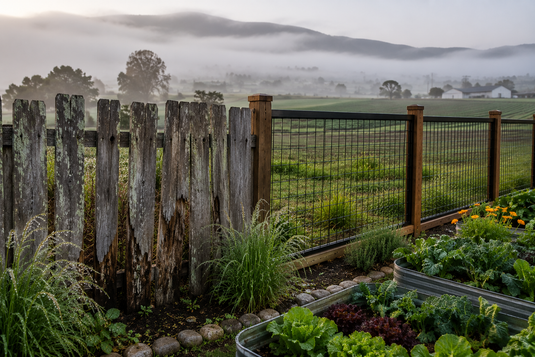 BarrierBoss cedar-framed black hog wire fence in Salinas, California, resisting coastal moisture and marine layer conditions while an aging wood fence shows signs of rot, warping, and weather damage.
