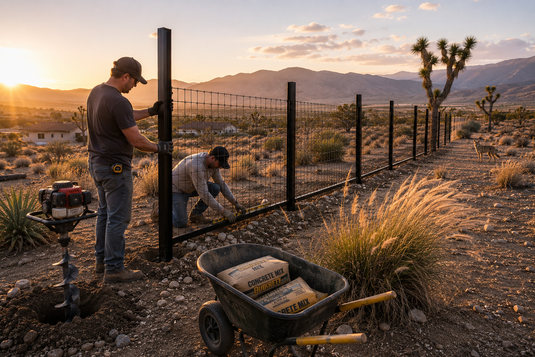 BarrierBoss black steel-framed hog wire fence being installed on a Palmdale, California property, showcasing DIY fence construction, desert soil conditions, wind-resistant design, and secure perimeter fencing for Antelope Valley homeowners.