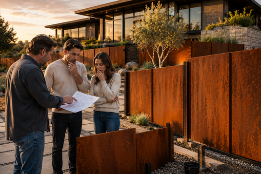 Modern corten steel fence installation at an architect-designed home, with homeowners reviewing project plans and costs while exploring the value and pricing of weathering steel fencing.