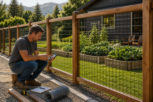 BarrierBoss 6-gauge hog wire fence with pressure-treated wood framing, shown alongside fencing materials and planning tools to illustrate the real costs of hog wire fencing, installation, and long-term value.
