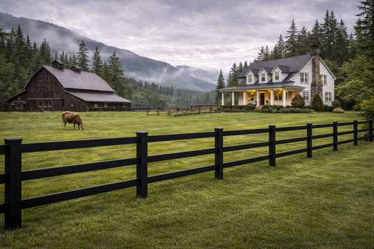 Black steel board ranch fence surrounding a Pacific Northwest homestead with farmhouse, barn, grazing pasture, and misty evergreen mountains.