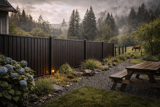 Rainy Pacific Northwest Backyard with CoastalSafe Full Metal Fencing in Midnight Black.