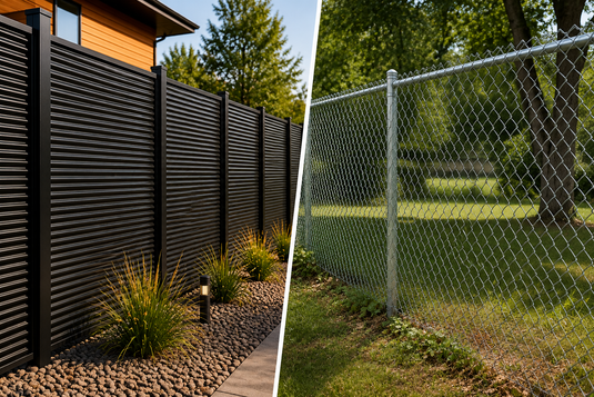 Metal privacy fence vs chain link fence comparison showing modern black corrugated steel fencing beside galvanized chain link fencing