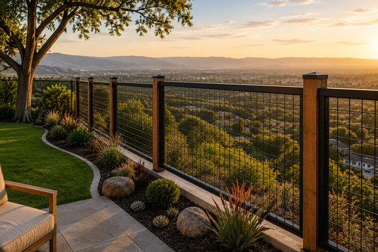 Modern black hog wire fence surrounding a San Francisco backyard ADU property with contemporary landscaping and hillside views at sunset.